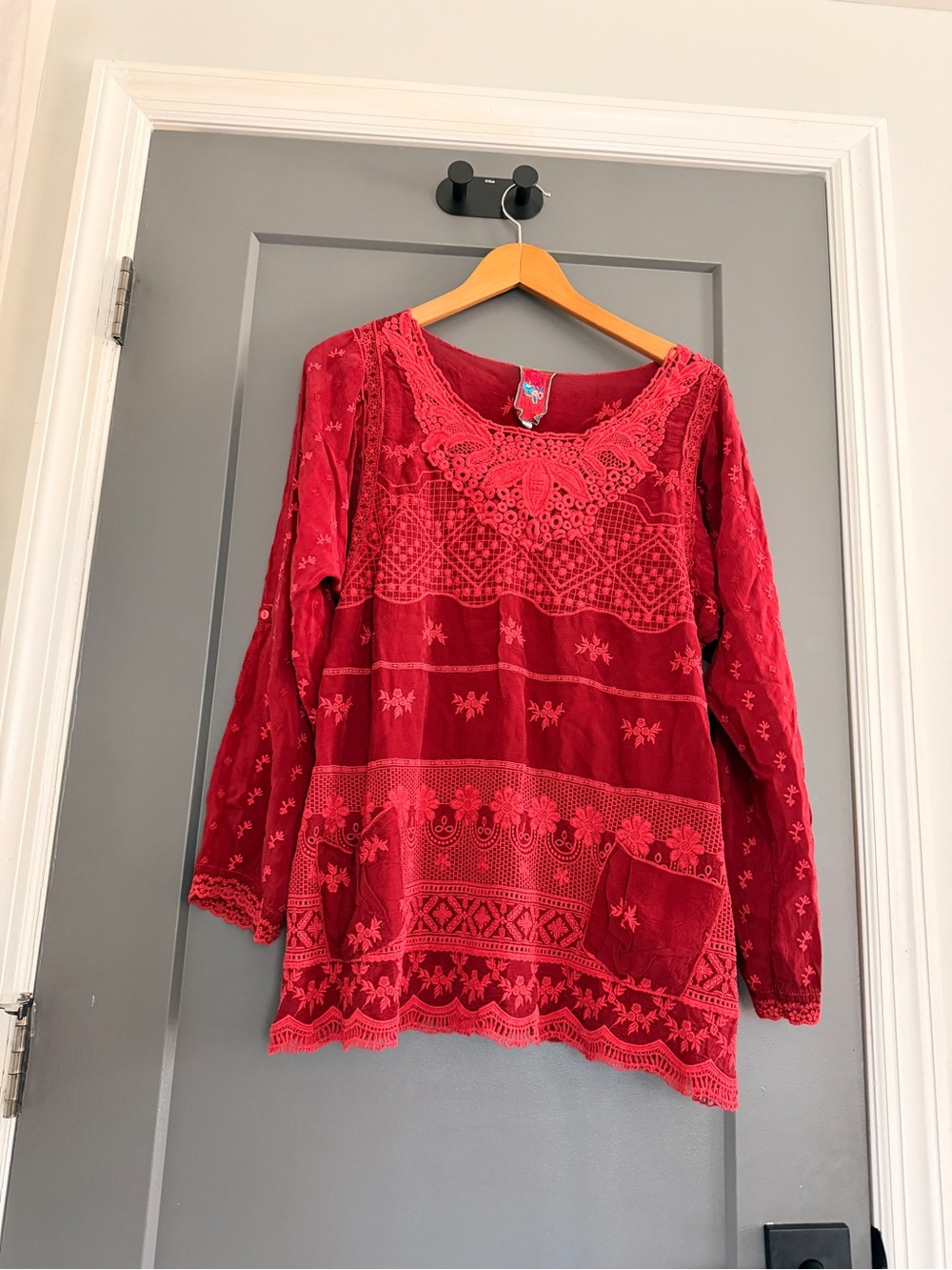 Johnny Was Red Embroidered Long-Sleeve Tunic Top
